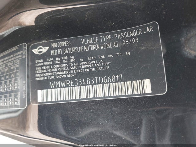 Продаж на аукціоні авто 2003 Mini Cooper S, vin: WMWRE33483TD66817, номер лоту: 46185350