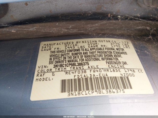 Aukcja sprzedaży 2011 Nissan Versa 1.8s, vin: 3N1BC1CP9BL386375, numer aukcji: 46185351