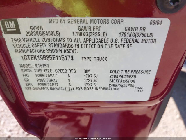 2005 Gmc Sierra 1500 Sle მანქანა იყიდება აუქციონზე, vin: 1GTEK19B85E115174, აუქციონის ნომერი: 46185352