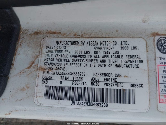 2013 Nissan 370z მანქანა იყიდება აუქციონზე, vin: JN1AZ4EH3DM383269, აუქციონის ნომერი: 46185360