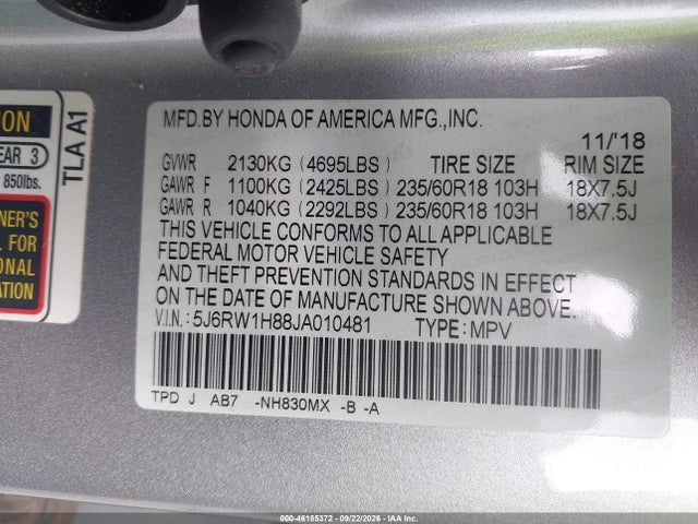 Aukcja sprzedaży 2018 Honda Cr-v Ex-l/ex-l Navi, vin: 5J6RW1H88JA010481, numer aukcji: 46185372