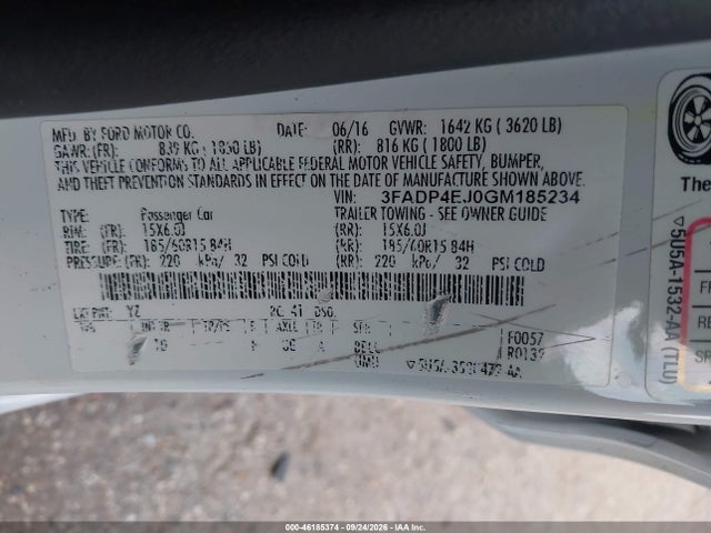 46185374 :رقم المزاد ، 3FADP4EJ0GM185234 vin ، 2016 Ford Fiesta Se مزاد بيع