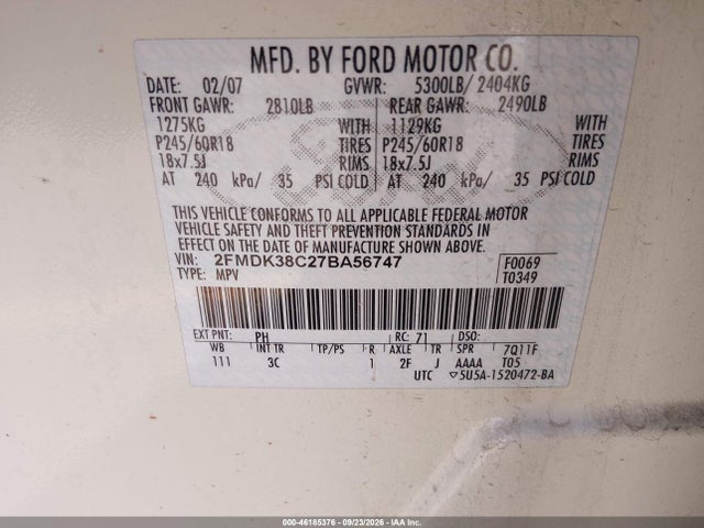 Aukcja sprzedaży 2007 Ford Edge Sel, vin: 2FMDK38C27BA56747, numer aukcji: 46185376