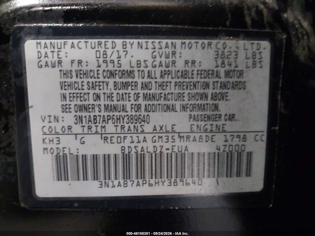 Продажа на аукционе авто 2017 Nissan Sentra Sv, vin: 3N1AB7AP6HY389640, номер лота: 46185381