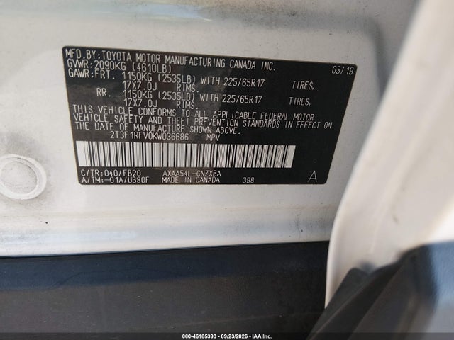 46185393 :رقم المزاد ، 2T3F1RFV0KW036686 vin ، 2019 Toyota Rav4 Le مزاد بيع