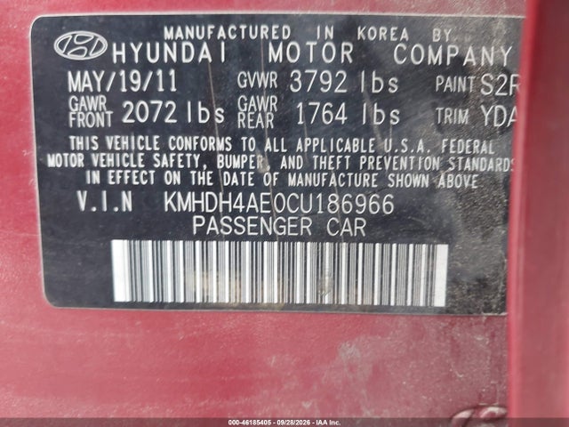 2012 Hyundai Elantra Limited (ulsan Plant) მანქანა იყიდება აუქციონზე, vin: KMHDH4AE0CU186966, აუქციონის ნომერი: 46185405