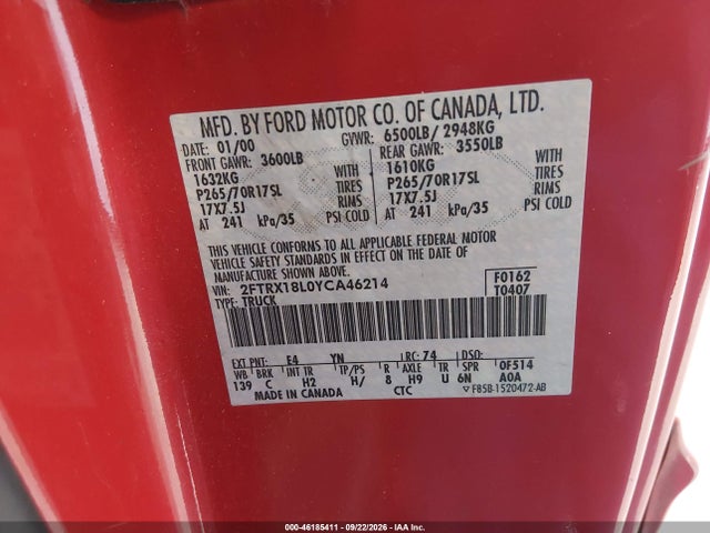 Продажа на аукционе авто 2000 Ford F-150 Lariat/work Series/xl/xlt, vin: 2FTRX18L0YCA46214, номер лота: 46185411