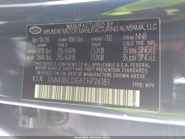Продажа на аукционе авто 2026 Hyundai Tucson Sel, vin: 5NMJBCDE6TH726181, номер лота: 46185415