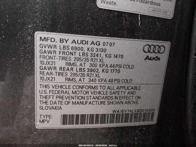 Aukcja sprzedaży 2008 Audi Q7 4.2 Premium, vin: WA1EV74LX8D010506, numer aukcji: 46185418