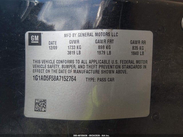 2010 Chevrolet Cobalt Lt მანქანა იყიდება აუქციონზე, vin: 1G1AD5F58A7152764, აუქციონის ნომერი: 46185436
