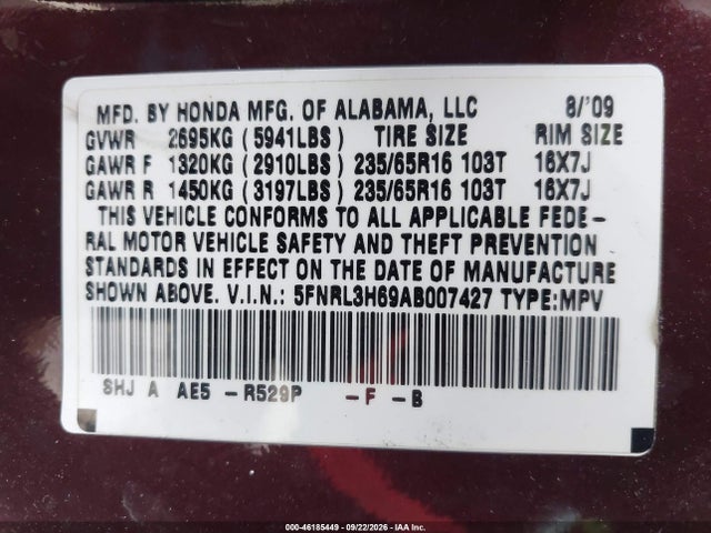 Aukcja sprzedaży 2010 Honda Odyssey Ex-l, vin: 5FNRL3H69AB007427, numer aukcji: 46185449