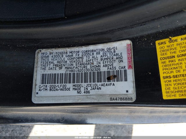 46185463 :رقم المزاد ، JTHBD182010032326 vin ، 2001 Lexus Is 300 مزاد بيع