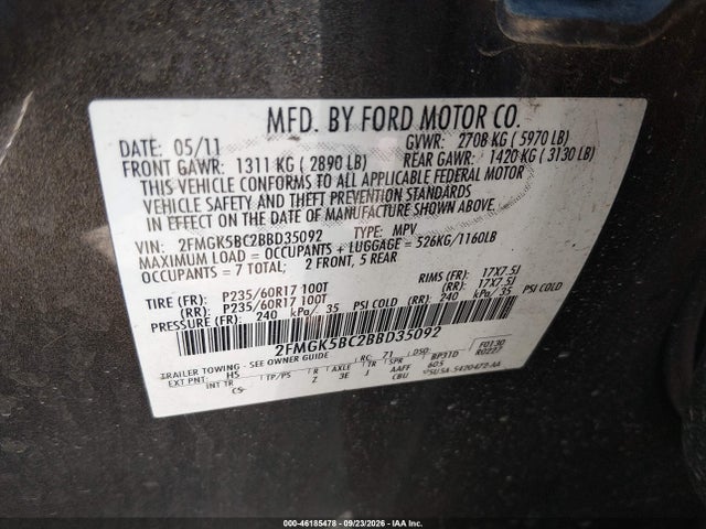2011 Ford Flex Se მანქანა იყიდება აუქციონზე, vin: 2FMGK5BC2BBD35092, აუქციონის ნომერი: 46185478