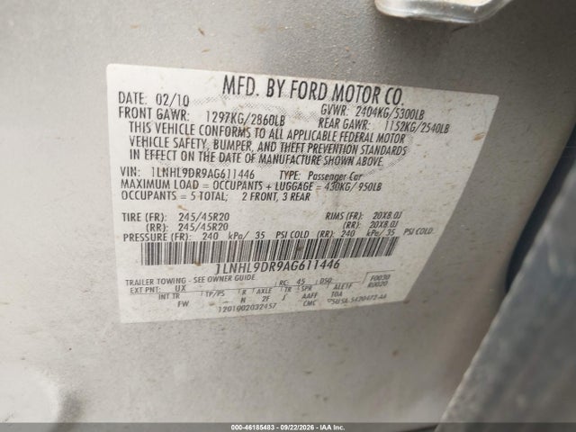 Aukcja sprzedaży 2010 Lincoln Mks, vin: 1LNHL9DR9AG611446, numer aukcji: 46185483