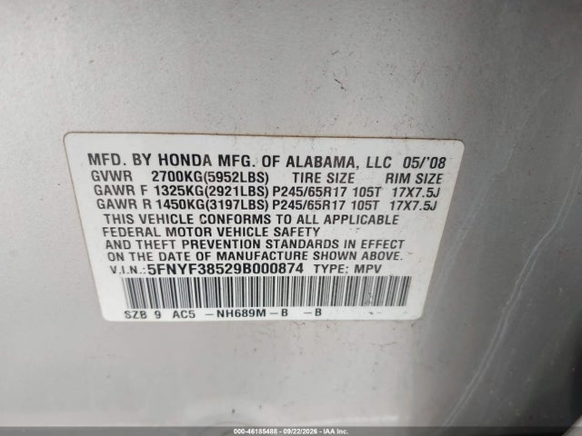 Aukcja sprzedaży 2009 Honda Pilot Ex-l, vin: 5FNYF38529B000874, numer aukcji: 46185488