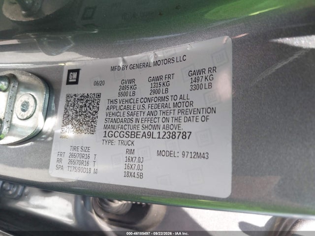 2020 Chevrolet Colorado 2wd  Short Box Wt მანქანა იყიდება აუქციონზე, vin: 1GCGSBEA9L1238787, აუქციონის ნომერი: 46185497