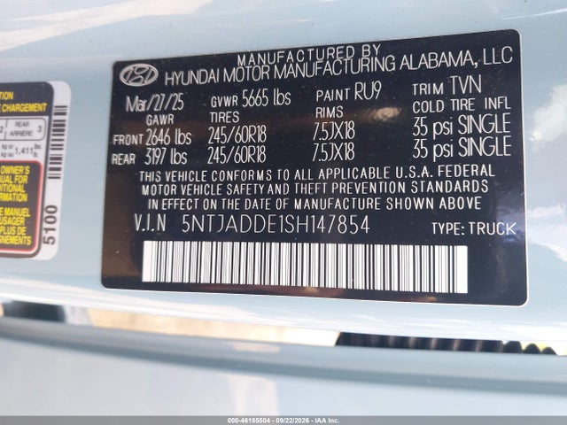 2025 Hyundai Santa Cruz Se მანქანა იყიდება აუქციონზე, vin: 5NTJADDE1SH147854, აუქციონის ნომერი: 46185504