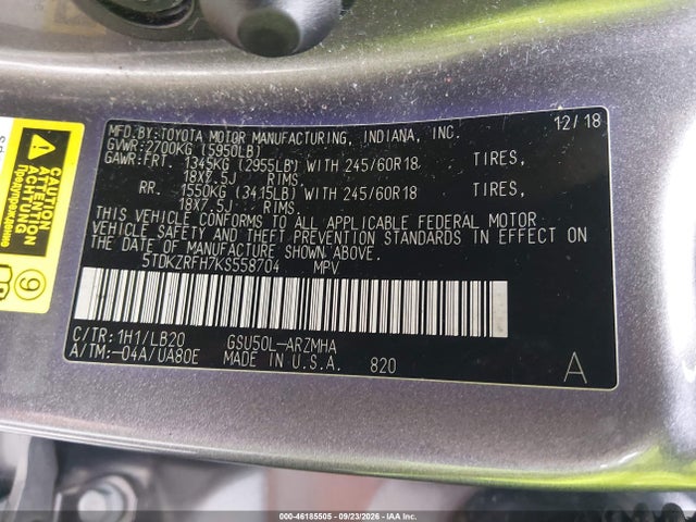 Aukcja sprzedaży 2019 Toyota Highlander Xle, vin: 5TDKZRFH7KS558704, numer aukcji: 46185505