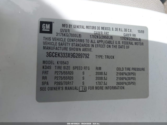 Aukcja sprzedaży 2009 Chevrolet Silverado 1500 Ltz, vin: 3GCEK333X9G289792, numer aukcji: 46185524