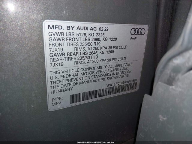 Aukcja sprzedaży 2022 Audi Q3 Premium Plus 45 Tfsi S Line Quattro Tiptronic, vin: WA1EECF39N1083580, numer aukcji: 46185525