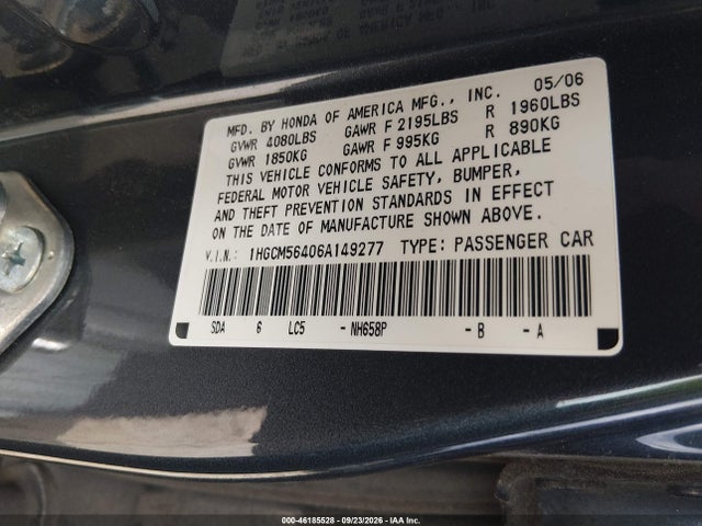 2006 Honda Accord 2.4 Lx მანქანა იყიდება აუქციონზე, vin: 1HGCM56406A149277, აუქციონის ნომერი: 46185528