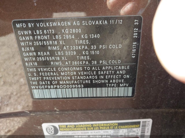 Продаж на аукціоні авто 2013 Volkswagen Touareg Vr6 Sport, vin: WVGEF9BP9DD009583, номер лоту: 46185531