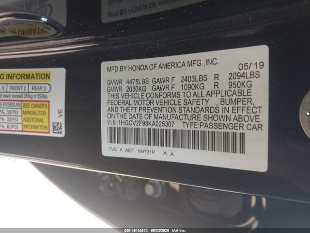 2019 Honda Accord Touring 2.0t მანქანა იყიდება აუქციონზე, vin: 1HGCV2F98KA025307, აუქციონის ნომერი: 46185533