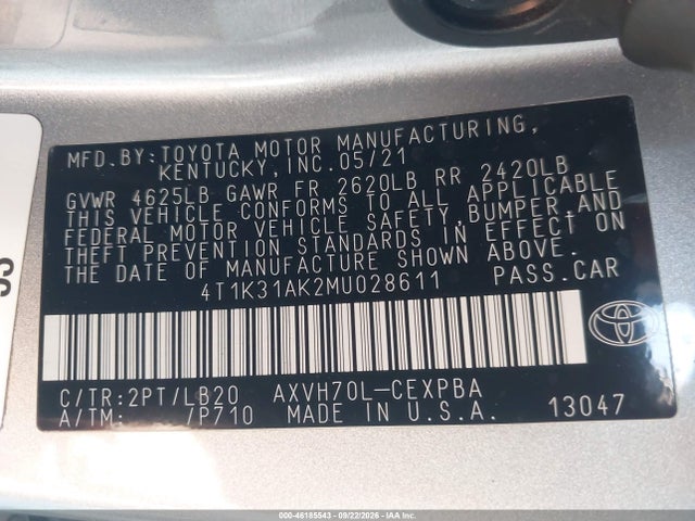 2021 Toyota Camry Hybrid Xse მანქანა იყიდება აუქციონზე, vin: 4T1K31AK2MU028611, აუქციონის ნომერი: 46185543