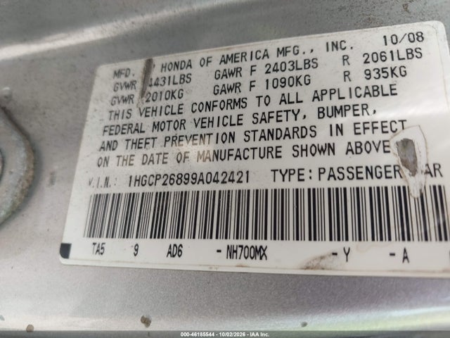 2009 Honda Accord 2.4 Ex-l მანქანა იყიდება აუქციონზე, vin: 1HGCP26899A042421, აუქციონის ნომერი: 46185544