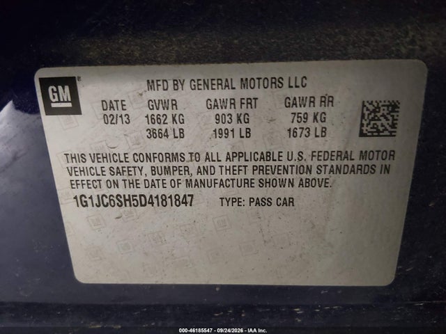 Aukcja sprzedaży 2013 Chevrolet Sonic Lt Auto, vin: 1G1JC6SH5D4181847, numer aukcji: 46185547