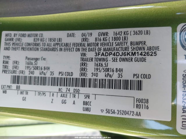 46185549 :رقم المزاد ، 3FADP4DJ6KM142625 vin ، 2019 Ford Fiesta St Line مزاد بيع