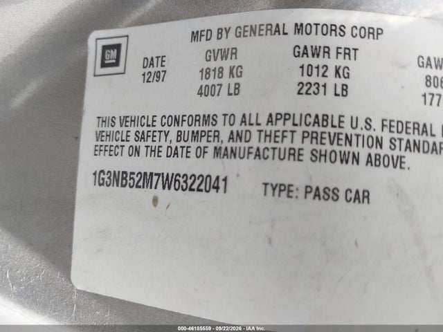 1998 Oldsmobile Cutlass Gl მანქანა იყიდება აუქციონზე, vin: 1G3NB52M7W6322041, აუქციონის ნომერი: 46185559