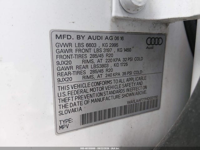 46185569 :رقم المزاد ، WA1LAAF77HD021110 vin ، 2017 Audi Q7 3.0t Premium مزاد بيع