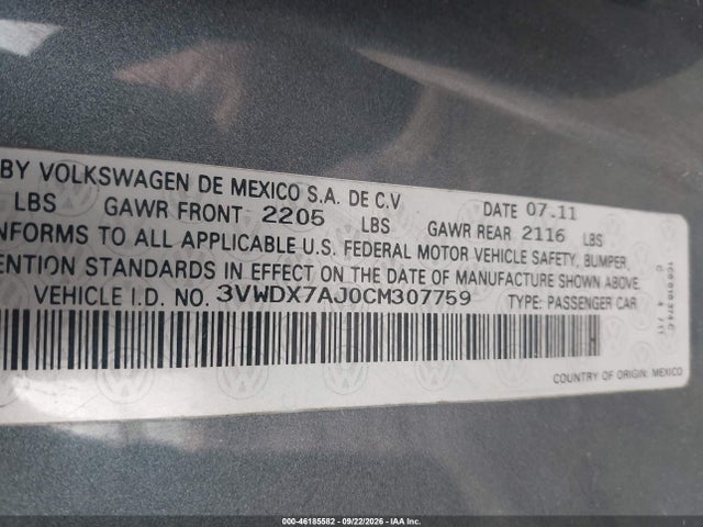Продаж на аукціоні авто 2012 Volkswagen Jetta 2.5l Se, vin: 3VWDX7AJ0CM307759, номер лоту: 46185582