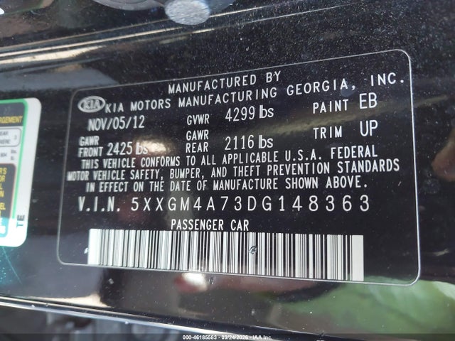 46185583 :رقم المزاد ، 5XXGM4A73DG148363 vin ، 2013 Kia Optima Lx مزاد بيع