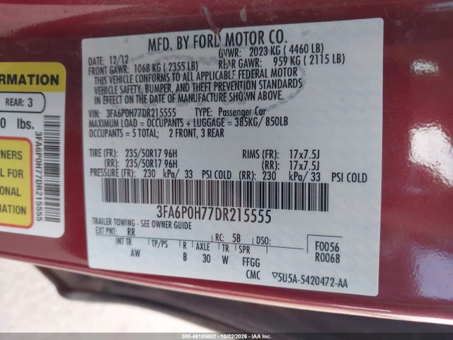 Продаж на аукціоні авто 2013 Ford Fusion Se, vin: 3FA6P0H77DR215555, номер лоту: 46185602