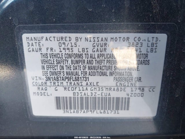 Продаж на аукціоні авто 2015 Nissan Sentra S/sv/sr/sl, vin: 3N1AB7AP9FL681731, номер лоту: 46185630