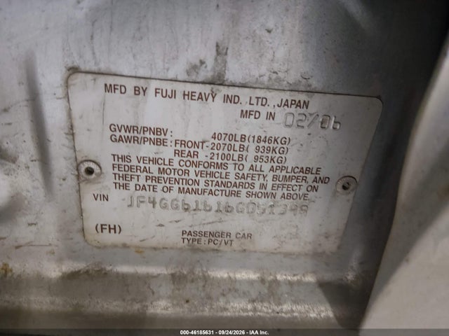 46185631 :رقم المزاد ، JF4GG61616G051399 vin ، 2006 Saab 9-2x 2.5i مزاد بيع