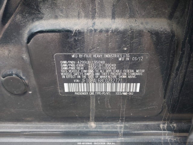 46185645 :رقم المزاد ، JF1GPAL68CG232721 vin ، 2012 Subaru Impreza 2.0i Sport Premium مزاد بيع