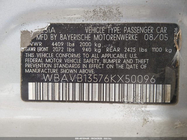 2006 Bmw 325i მანქანა იყიდება აუქციონზე, vin: WBAVB13576KX50096, აუქციონის ნომერი: 46185649