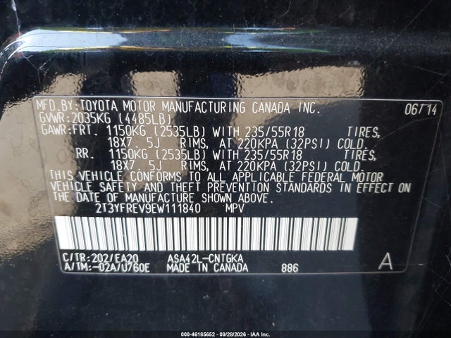 Aukcja sprzedaży 2014 Toyota Rav4 Limited, vin: 2T3YFREV9EW111840, numer aukcji: 46185652