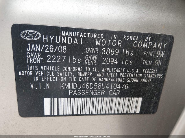 Aukcja sprzedaży 2008 Hyundai Elantra Gls/se, vin: KMHDU46D58U410476, numer aukcji: 46185664