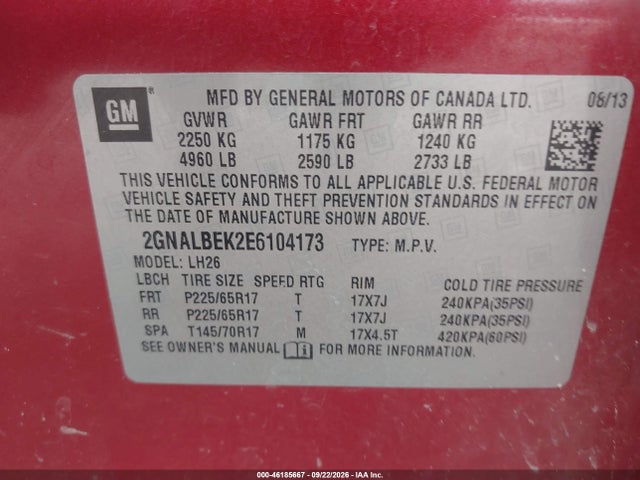 46185667 :رقم المزاد ، 2GNALBEK2E6104173 vin ، 2014 Chevrolet Equinox Lt مزاد بيع