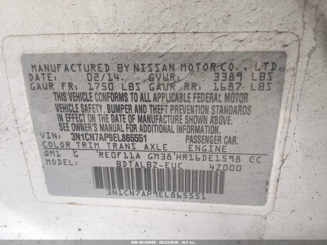 2014 Nissan Versa 1.6 Sv მანქანა იყიდება აუქციონზე, vin: 3N1CN7AP9EL865551, აუქციონის ნომერი: 46185669