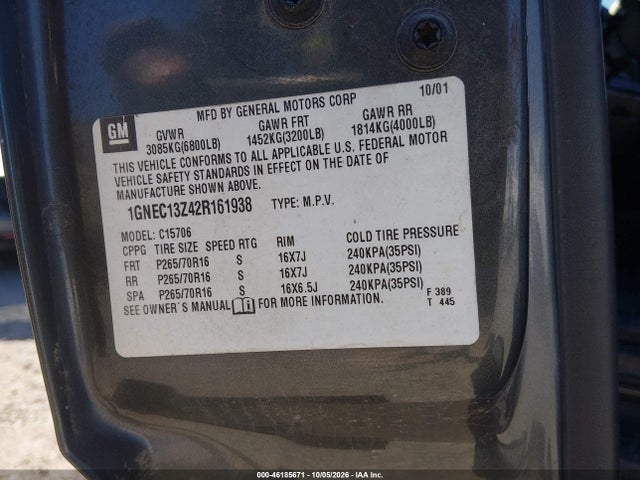 46185671 :رقم المزاد ، 1GNEC13Z42R161938 vin ، 2002 Chevrolet Tahoe Ls مزاد بيع