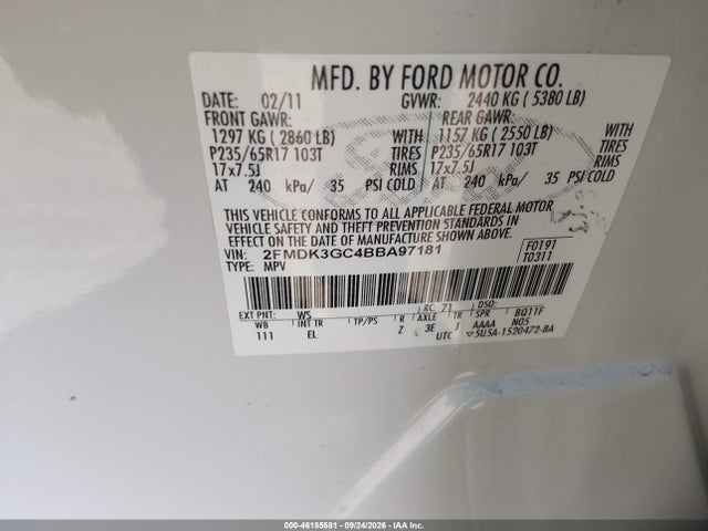 Auction sale of the 2011 Ford Edge Se, vin: 2FMDK3GC4BBA97181, lot number: 46185681