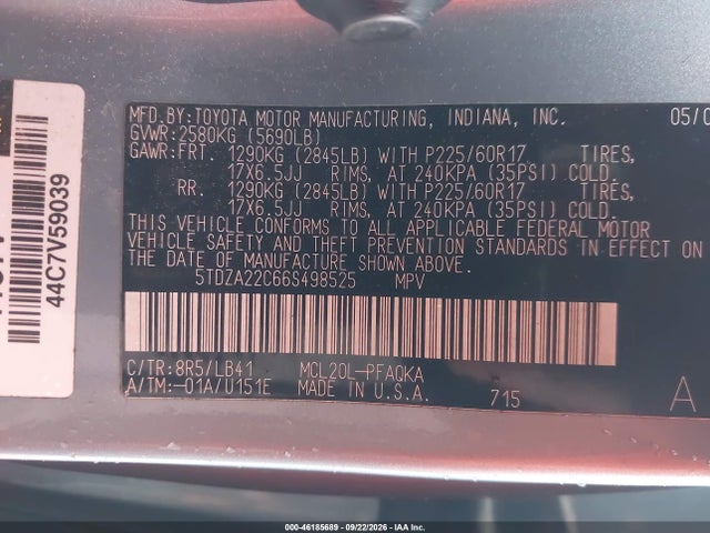 46185689 :رقم المزاد ، 5TDZA22C66S498525 vin ، 2006 Toyota Sienna Xle مزاد بيع