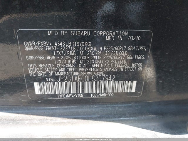 2020 Subaru Crosstrek Premium მანქანა იყიდება აუქციონზე, vin: JF2GTAEC0L8257942, აუქციონის ნომერი: 46185695
