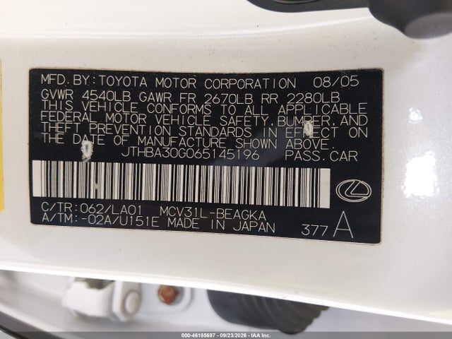 Продаж на аукціоні авто 2006 Lexus Es 330, vin: JTHBA30G065145196, номер лоту: 46185697