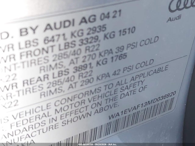 Aukcja sprzedaży 2021 Audi Q8 Premium Plus, vin: WA1EVAF13MD036920, numer aukcji: 46185704